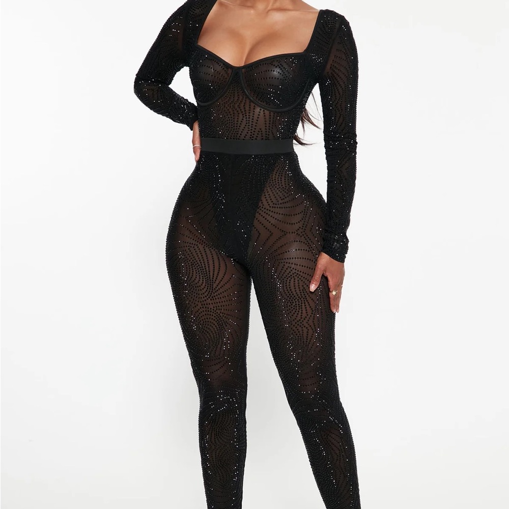 Fashion Nova Always A Baddie Black Rhinestone Mesh Legging Set